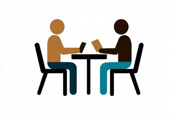 Two diverse adults discussing work at table with laptops