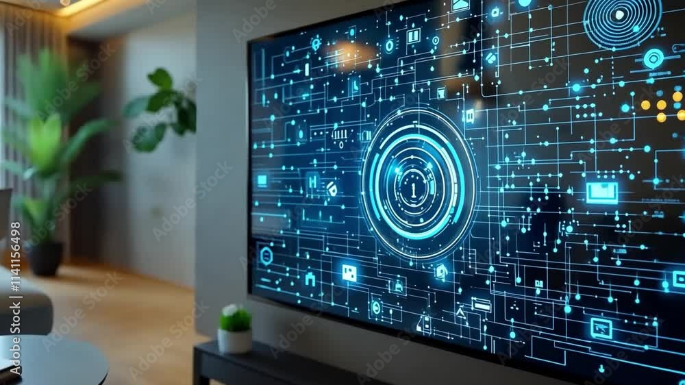 Poster modern living room with smart technology display showcasing digital connection and data flow