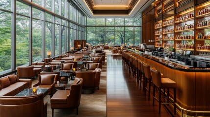 Stylish lounge in 3D, featuring clean lines, premium seating, and a modern bar area with warm lighting, evoking a sense of elegance and exclusivity.