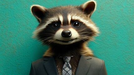 A raccoon in a modern slim-fit charcoal suit with a patterned tie, smirking mischievously against a vibrant teal backdrop.