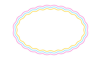 Colorful oval frame with wavy edges. Geometric shape with scallop borders. Blank text box, tag or label isolated on white background. Vector illustration.