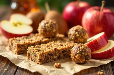 Nutty apple energy bars and balls on rustic paper with fresh apples