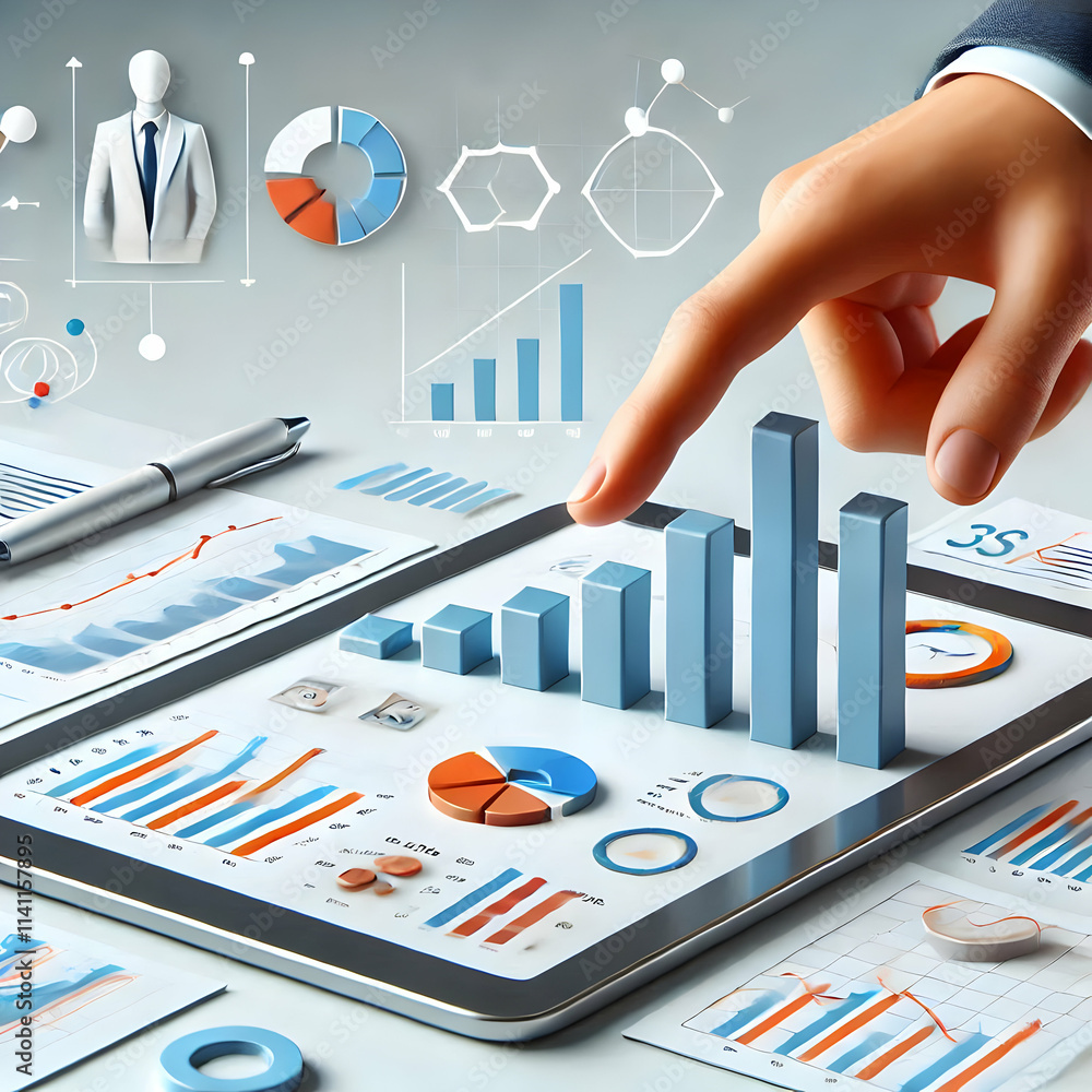 Poster 3d close up of a managers hand pointing at growth charts on a tablet concept as a close up shot of a