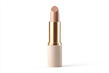 Elegant nude lipstick in gold case on white background