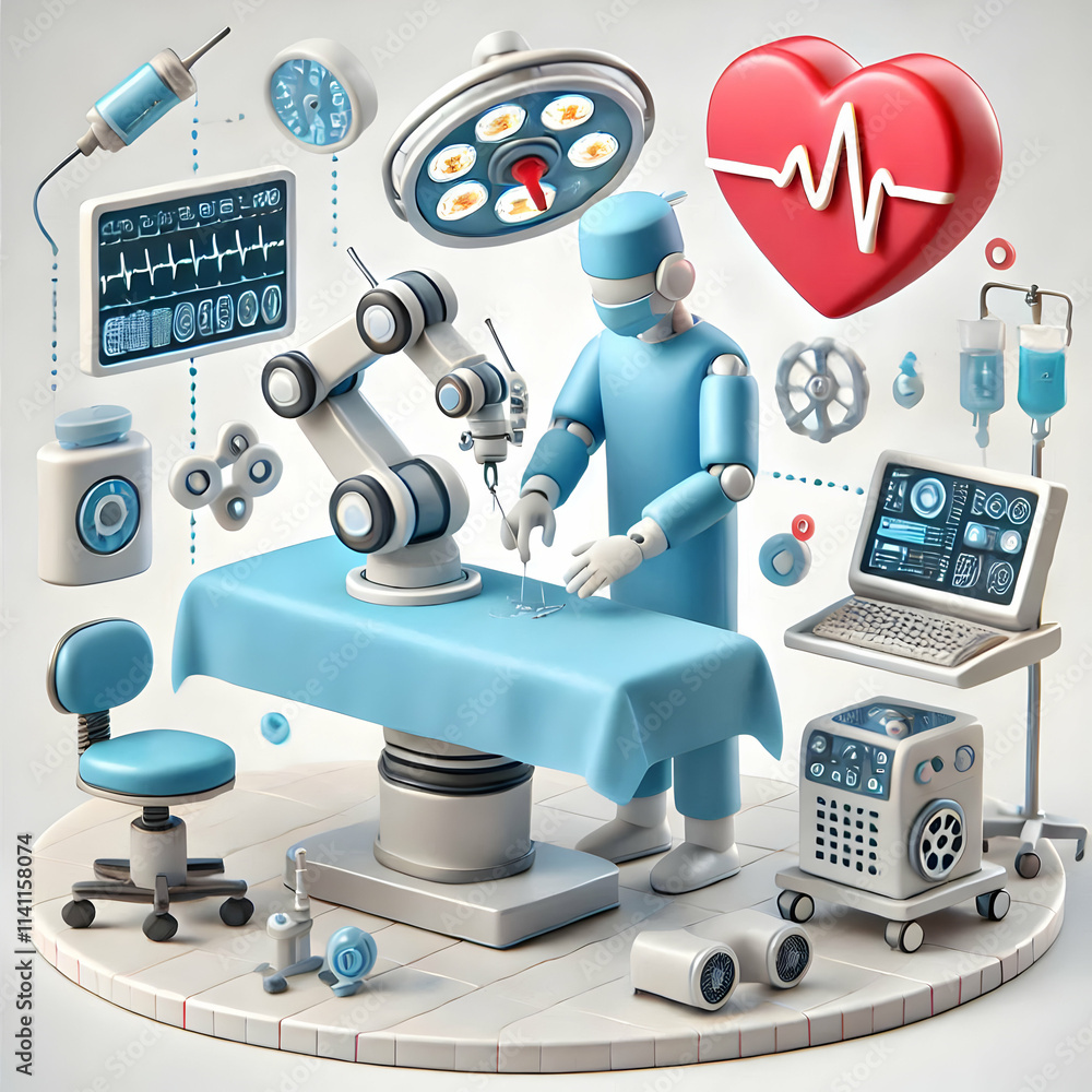 Poster 3d surgeon controlling robotic arms remotely during procedure concept as a candid image of a surgeon
