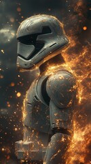 A stylized depiction of a futuristic soldier engulfed in flames and sparks.