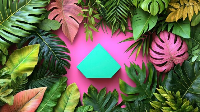 A compact, angular podium in bright, solid colors like lime green and turquoise, embellished with a variety of leaves such as bamboo and ivy, against a cheerful, plain background.