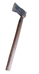 Old rust dirty dark gray axe with brown wooden handle isolated with clipping path in png file format