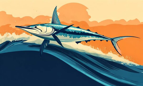 Striped Marlin Leaping from Ocean Wave at Sunset