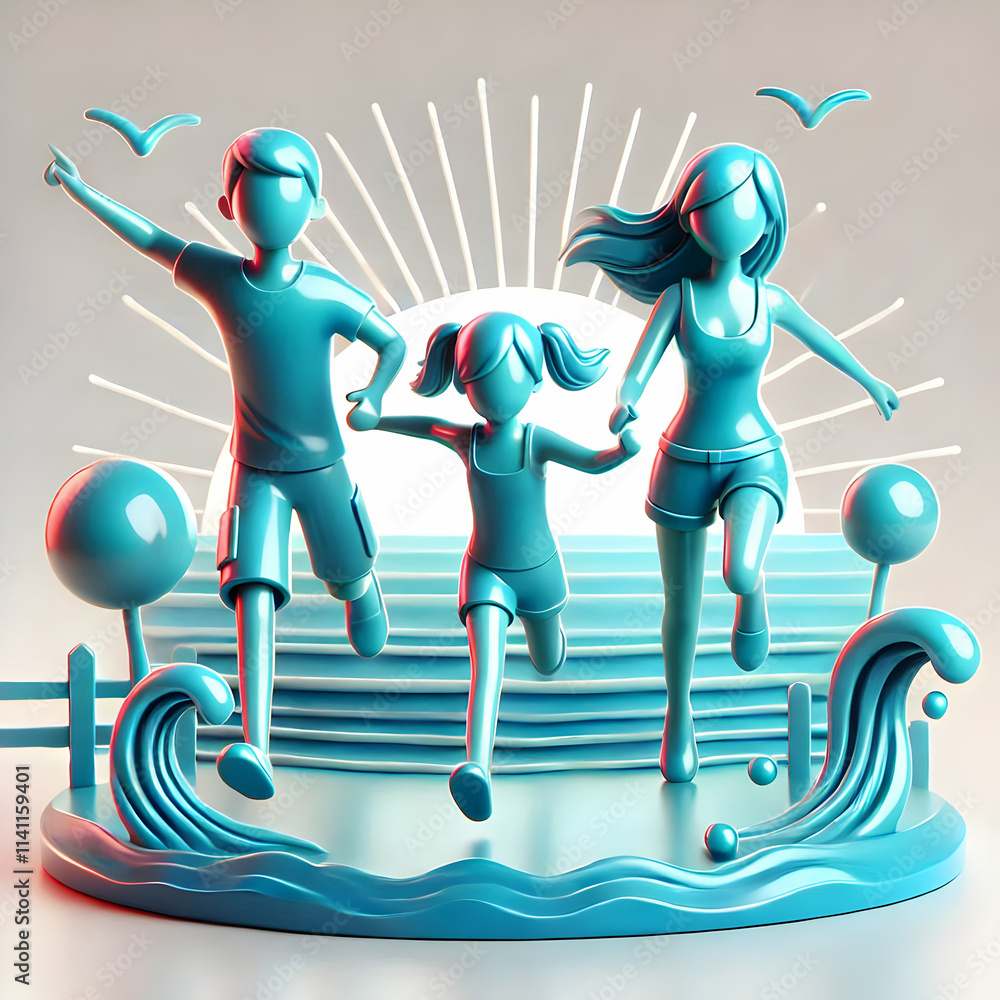 Poster 3d glossy background of family running towards the sea concept as a glossy image capturing a family 
