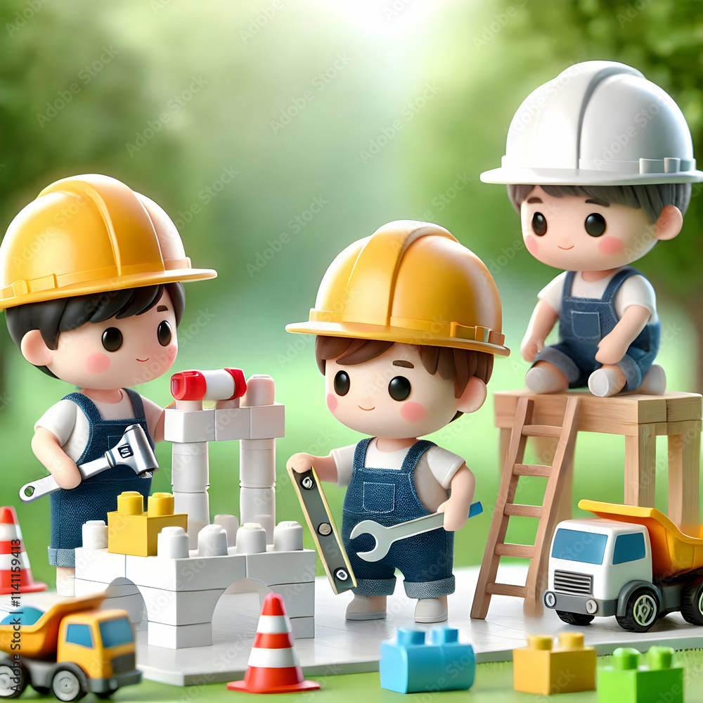 Poster 3d children acting as engineers building structures in a park with a macro close up and copy space c