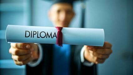 Graduate holding diploma with plain dark background copy space on left concept as A graduate holding their diploma against a plain dark background highlighting academic achievement and personal pride 