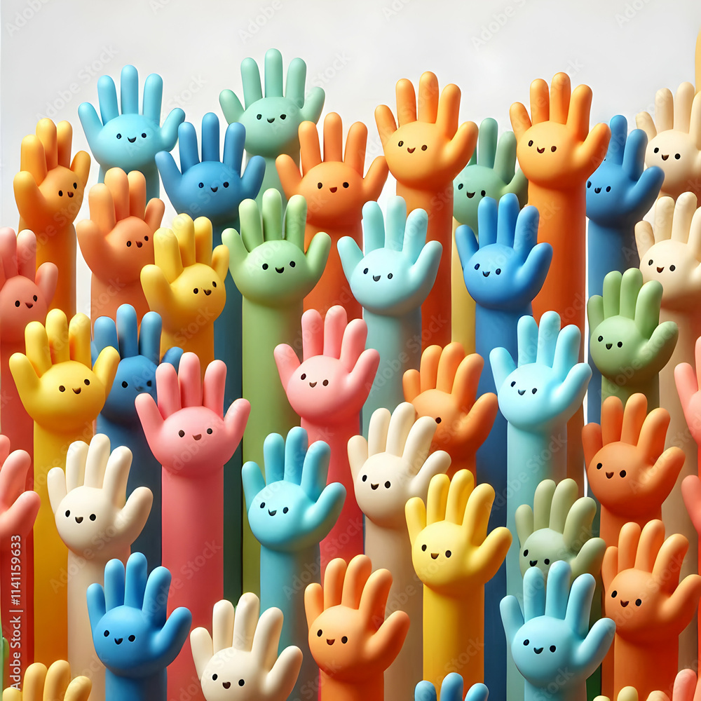 Aufkleber 3d abstract hands of different colors reaching upwards with copy space concept as a soft abstract im