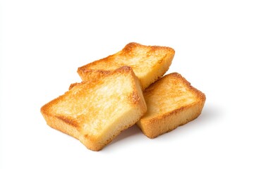 Three golden brown toast slices on white background - crispy and delicious breakfast bread
