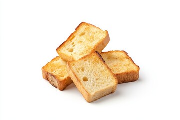 Crispy golden toast slices stacked on white background
