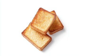 Crispy golden toast slices on white background