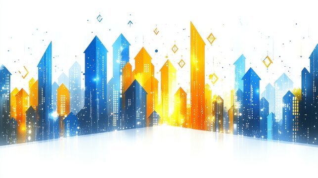 Abstract shapes in vibrant colors like gold and blue, with upward-moving arrows and geometric patterns symbolizing growth and business success.