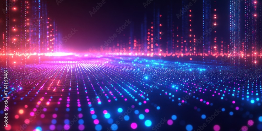 Poster glowing blue and purple digital abstract background with grid pattern and soft illumination
