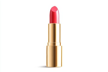 Elegant red lipstick with golden tube on white background