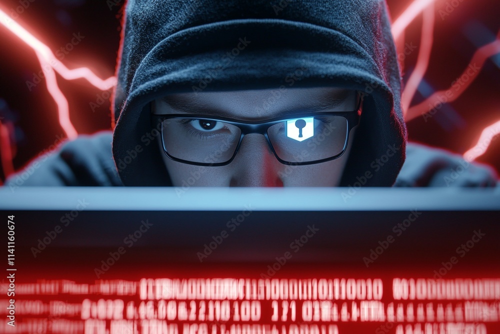 Poster a man is looking at a computer screen with a red light on it