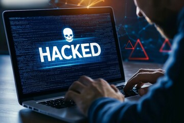 A man is typing on a laptop with the word hacked on the screen