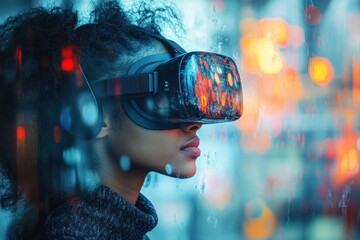 Young European Businesswoman Using Virtual Reality Technology in Blurry Bokeh City Background