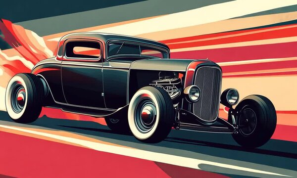 Classic Black Hot Rod Coupe Speeding with Red and Beige Abstract Background