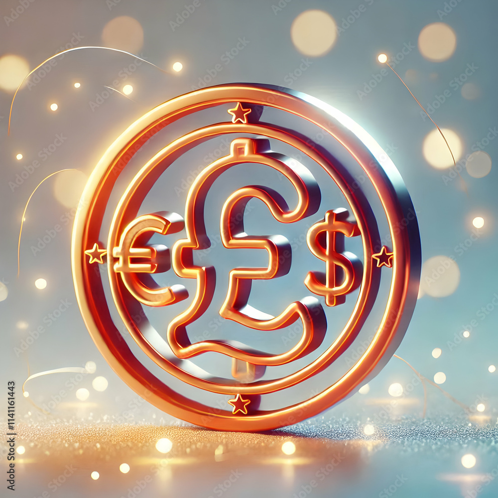 Poster 3d macro image of a glowing promotional badge with currency symbols and copy space concept as a deta