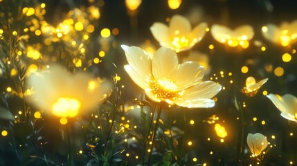 Golden Flowers Blooming in Enchanting Light with Sparkles and Bokeh