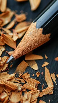 Close-up of a sharpened pencil surrounded by wood shavings on a dark surface in a creative workspace
