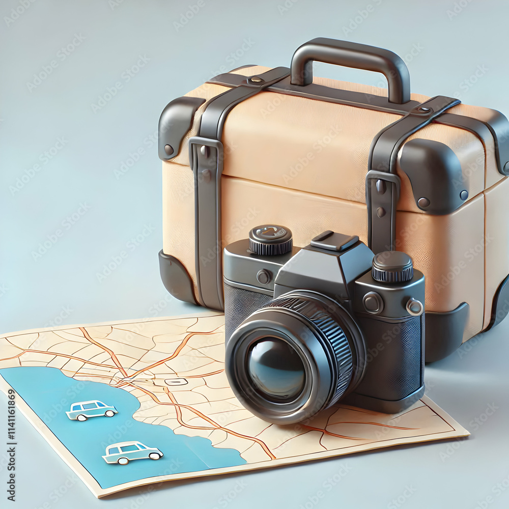 Poster 3d plain background with a suitcase and map on a table ample copy space. concept as a stationary cam