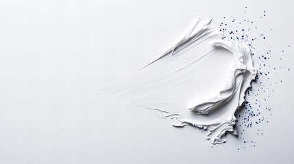 Abstract art featuring a dynamic white paint stroke against a stark white background, accented by scattered dark blue speckles. 