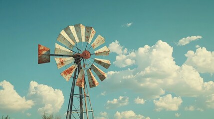 Old style metal windmill with sky as a background