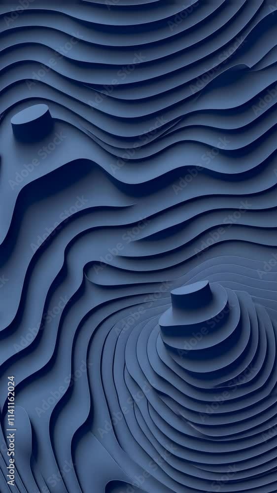 Poster intricate layered design showcasing curves and patterns in deep blue tones inspired by natural lands