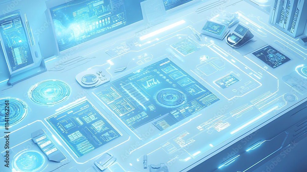 Poster Futuristic digital interface with glowing screens displaying data and graphs.