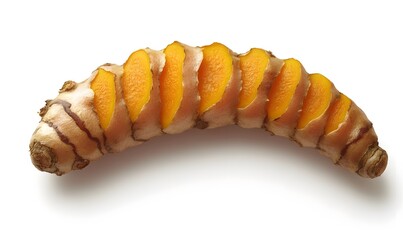 Naklejka premium Sliced turmeric root against white background.