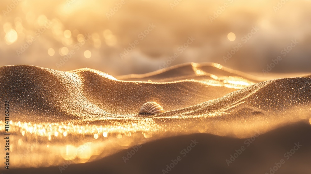 Poster golden sands and shell on beach at sunset with soft bokeh effects