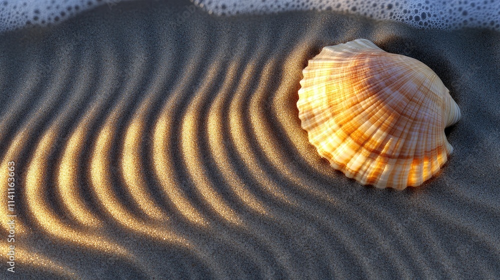 Poster seashell on smooth sand creating gentle ripples and waves