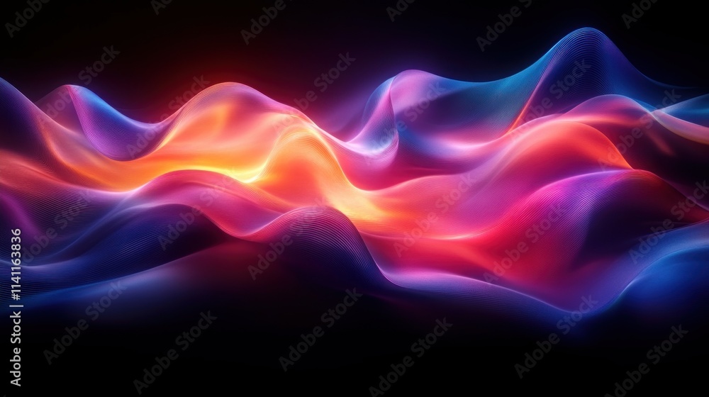 Poster abstract glowing curves with iridescent colors and soft lighting on dark background