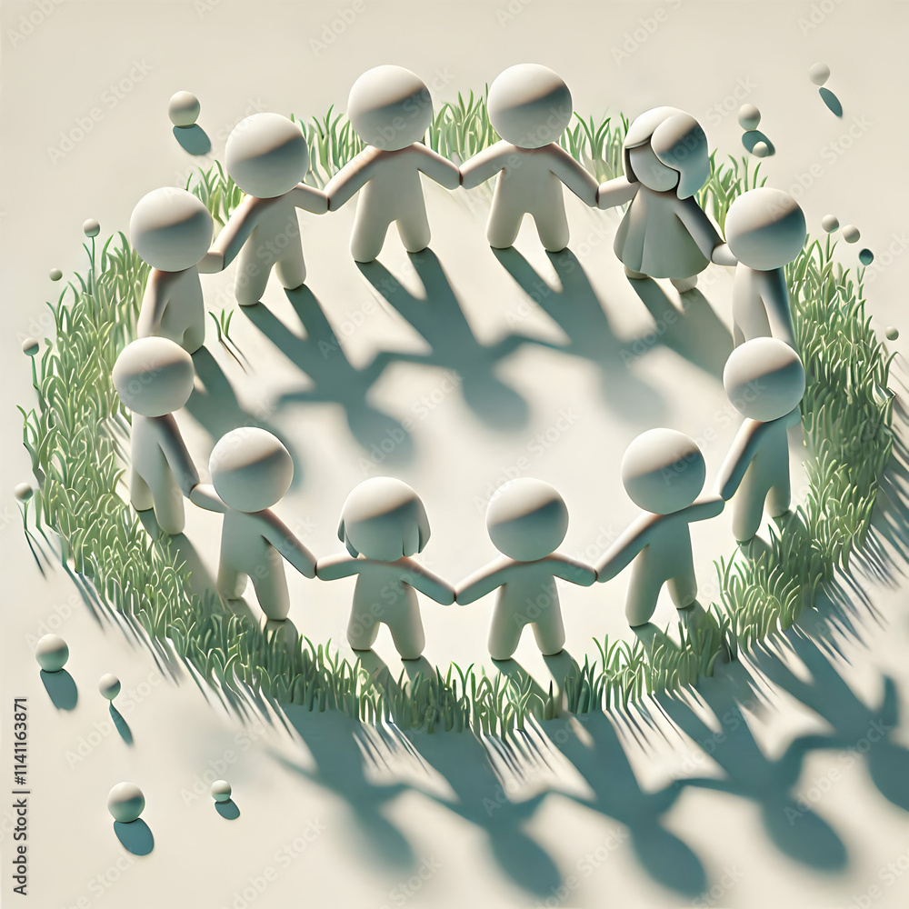Poster 3d soft abstract image of group shadows holding hands across grass field copy space on the side. con