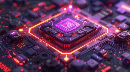 Fototapeta premium Glowing cpu, board, chips, red lights.
