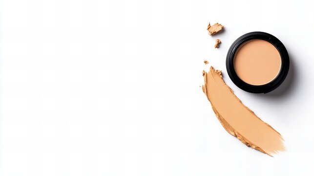A close-up shot of a compact of beige foundation on a white background.  A swatch of the product is shown next to it.