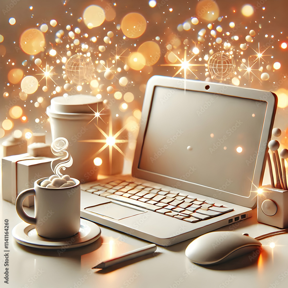Poster 3d abstract bokeh lights with laptop and coffee for remote work concept as illustrate a cozy remote 