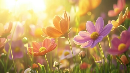 Vibrant Wildflowers Blooming Under Soft Golden Sunshine in Field