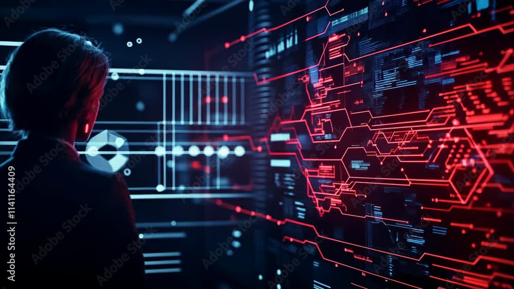 Poster exploring digital technology person observing futuristic data interface illuminated in red, prores 4