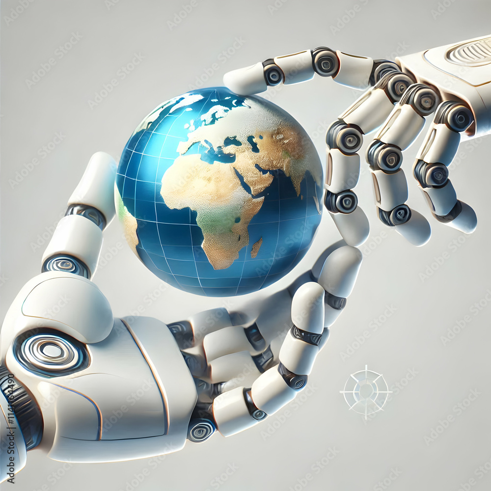 Aufkleber 3d close up of human hand and robotic hand touching a globe concept as a macro shot of a human hand 