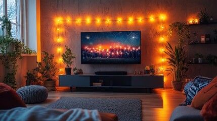 Cozy living room with TV displaying fireworks, warm lighting, and plants.