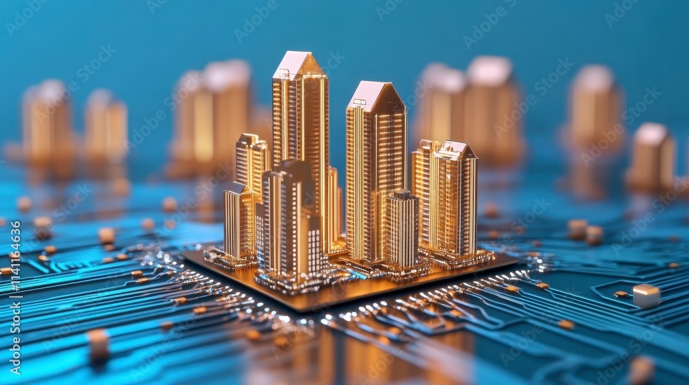 Poster the image depicts a futuristic cityscape built on a microchip, blending technology and urban archite