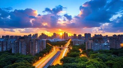 A vibrant sunset casts colorful hues over a city skyline, illuminating buildings and a busy road amidst lush greenery.