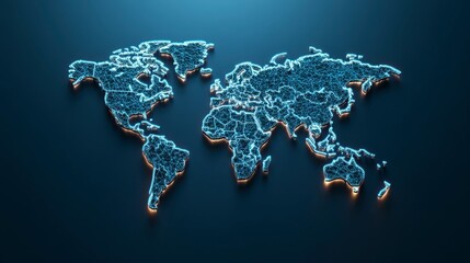 A digital representation of a world map, illuminated with a glowing blue outline against a dark background.